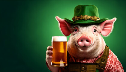 Pig Holding Beer on Green Gradient Background style 03