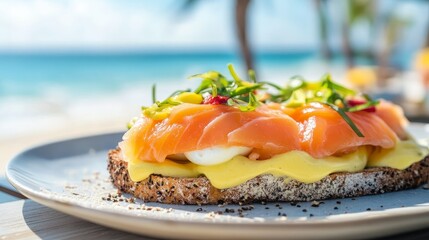 toast with avocado, sliced salmon, and egg. toast. avocado. salmon. egg