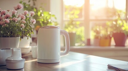 Morning Tea. Electric Kettle On The Table With Pink Flowers And Sunlight Through The Window.