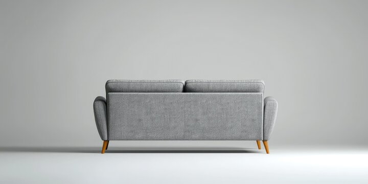 A back view of a stylish grey modern sofa with wooden legs against a plain background.