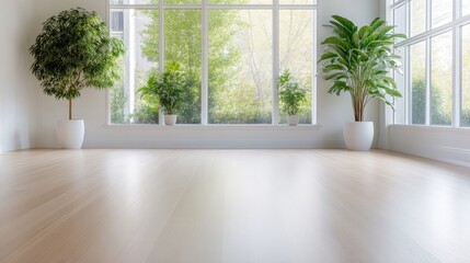 Bright, empty room with large windows and potted plants