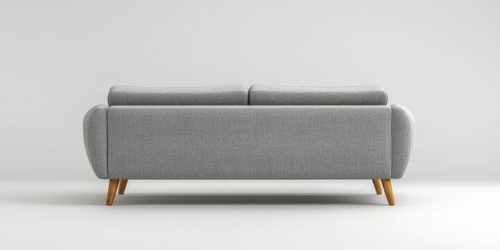 A back view of a stylish grey modern sofa with wooden legs against a plain background.