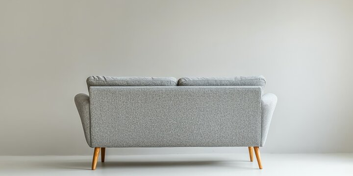 A back view of a stylish grey modern sofa with wooden legs against a plain background.