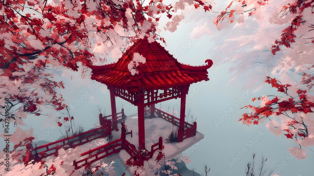 Poster 日本の伝統的な東屋に咲く桜の鮮やかな風景 赤い屋根と周囲の美しい自然 光と影が織りなす静寂の風景