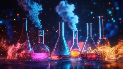 Colorful glassware with vibrant smoke and flames in a dark, mystical setting.