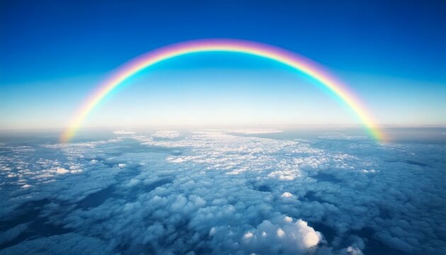 3DCG illustration from viewpoint of drone or airplane flying through refreshing blue sky toward rainbow above. Aerial shot.