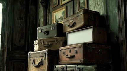 Obraz premium Stacked vintage suitcases in a dimly lit room.