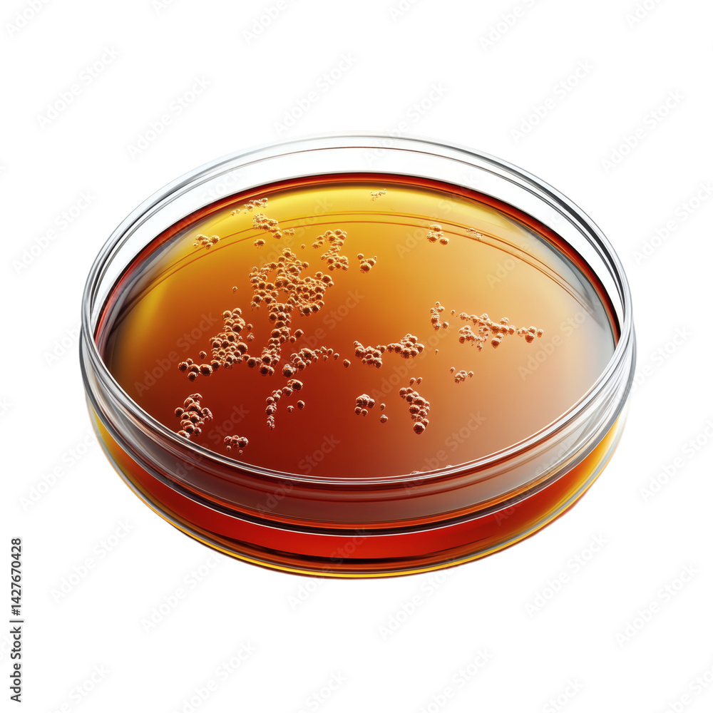 Poster realistic petri dish with visible bacteria culture in agar gel, placed on white background with marg