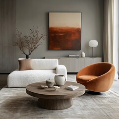 Japandi minimalist living room with accent armchair and blank grey wall for mockup use
