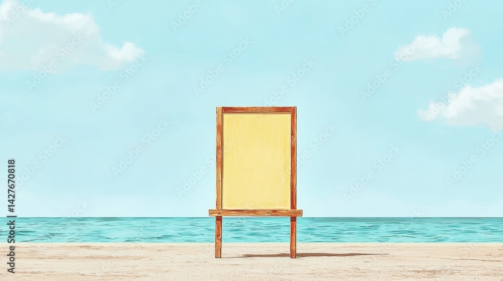 Poster empty canvas on a beach with ocean waves and clear sky background