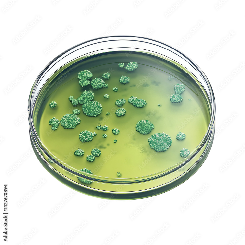 Poster realistic petri dish with visible bacteria culture in agar gel, placed on white background with marg