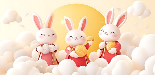 Fototapeta premium Mid autumn festival, Moon cake for Mid Autumn festival, Moon festival banner, full moon, cute jumping bunnies, lantern,.Happy Mid Autumn Festival, Fifteen&nbsp;of&nbsp;August