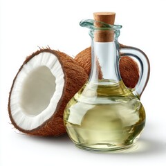 Coconut halves and oil in glass bottle still life composition