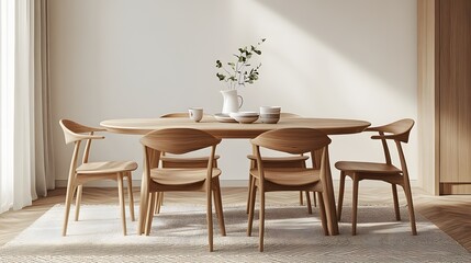 Interior design of modern dining room, dining table and wooden chairs. 3d rendering  


