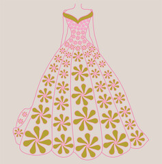 Floral Ball Gown Illustration – Elegant Dress Design with Pink and Olive Patterns