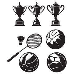 Sports equipment vector set, ball, trophy, dumbbell, badminton, boxing vector