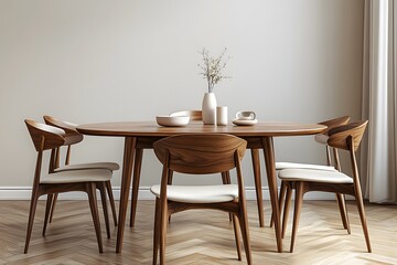 Interior design of modern dining room, dining table and wooden chairs. 3d rendering  


