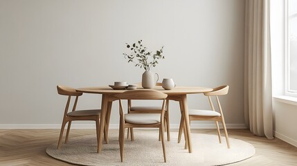 Interior design of modern dining room, dining table and wooden chairs. 3d rendering  


