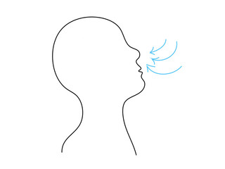 Breathing exercise, deep breath through nose for benefit and good work brain. Healthy yoga and relaxation. Vector outline illustration.