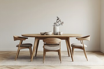 3D interior design of modern dining room with wood furniture
