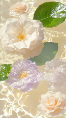 White camellias & purple roses float on water, bathed in golden sunlight. Crystal-clear ripples & vibrant reflections create a dreamy, ultra-realistic floral scene. HD wide-angle shot