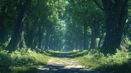 Obraz premium Enchanted Forest Path, Sunlight Filters Through The Dense Canopy Creating A Mystical Woodland Scene.