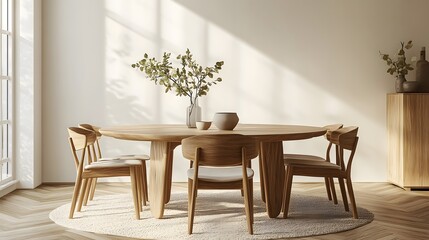 3D interior design of modern dining room with wood furniture
