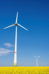 Fototapeta premium Wind turbines in a field of blooming canola seen in Germany