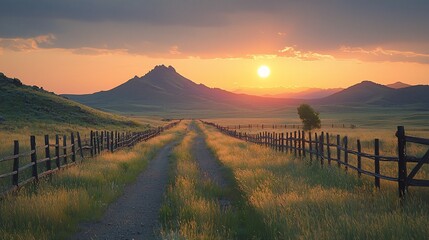 Sunset over grassy plains, dirt road, wooden fence. Landscapes