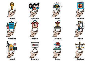 Set of illustrations of hands and things in line art style