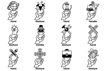 Set of illustrations of hands and things in line art style
