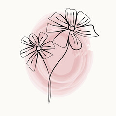Elegant Minimalist Line Art Flowers on Pink Watercolor Background