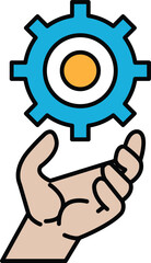 A hand holding a gear with a blue background