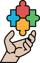 A hand holding a puzzle piece with a blue square in the middle