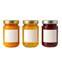Assorted jars of jam with colorful  looks on transparent background 