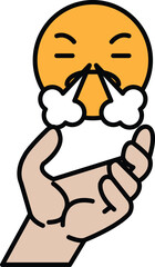 A cartoon of a hand holding a face with a mouth open and blowing out smoke