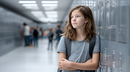 View from inside a school locker, a sad 13-year-old girl holding the locker door, wearing a neutral t-shirt and jeans, backpack on shoulder, school corridor with other children in
