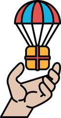 A hand holding a box with a parachute on top
