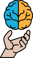 A hand holding a brain with the left half blue and the right half orange