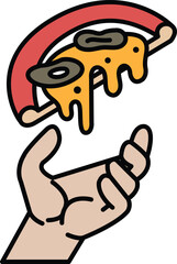 A hand is holding a slice of pizza with cheese and olives on it
