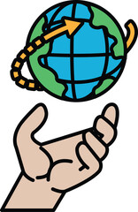A hand is holding a globe with a green and blue color