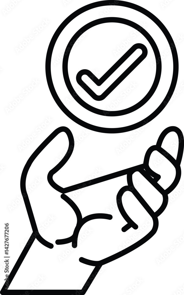 Poster hand holding a red circle with a check mark in the middle