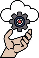 A hand holding a gear with a cloud in the background