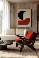 Scandinavian interior design of modern living room with accent red armchair and frame on wall.


