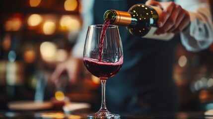 pouring the exquisite red wine into a crystal clear glass on a dimly lit bar counter creating an inviting atmosphere for wine enthusiasts