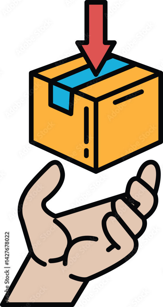 Poster a hand is holding a box with a red arrow pointing down