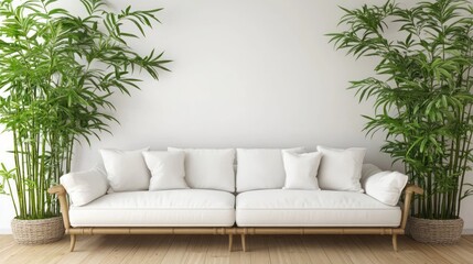 Modern minimalist living room with white sofa and tropical plants