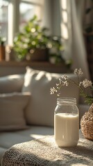 Milk in jar, sunlight, living room, plants
