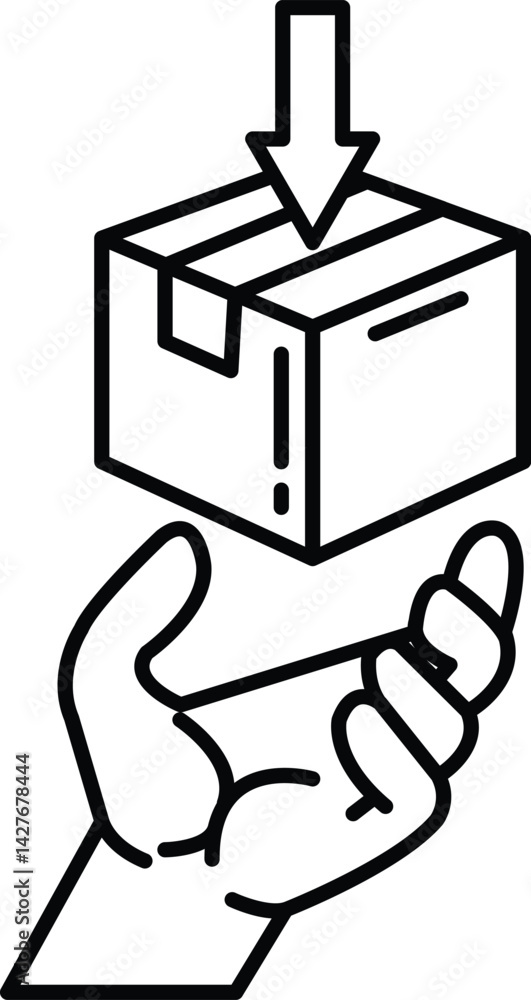 Poster hand is holding a box with a arrow pointing down