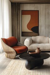 Stylish Scandinavian living room with bold red chair and wall frame - perfect for furniture ads, home decor inspiration, and interior design showcases
